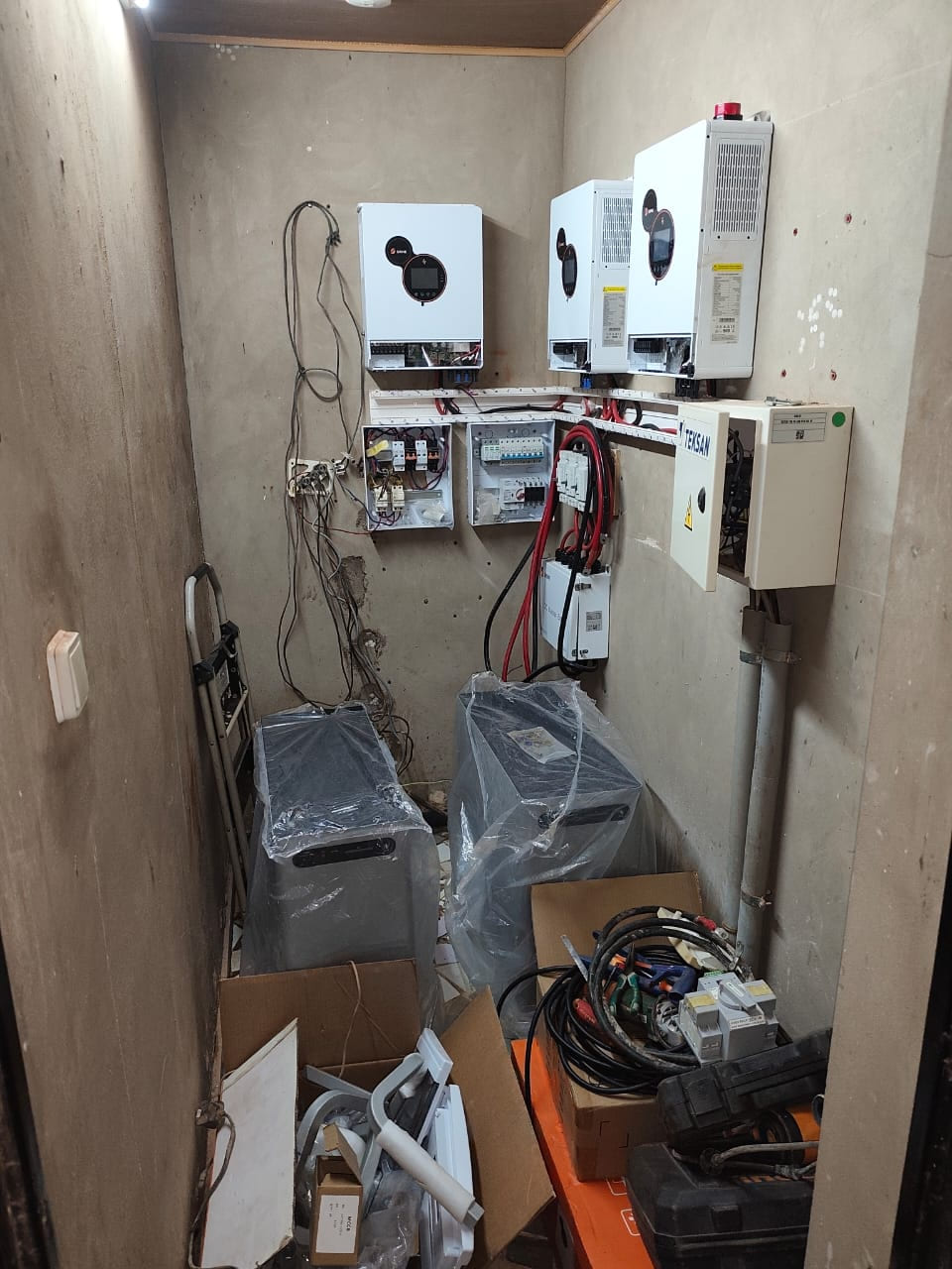 Two PYTES V15 batteries positioned before installation in a Burkina Faso residence